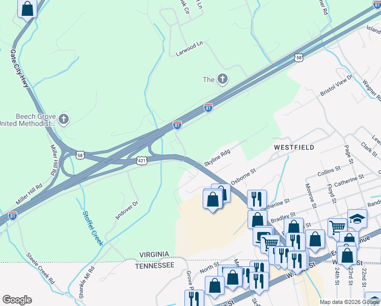 map of restaurants, bars, coffee shops, grocery stores, and more near 720 Gate City Hwy in Bristol