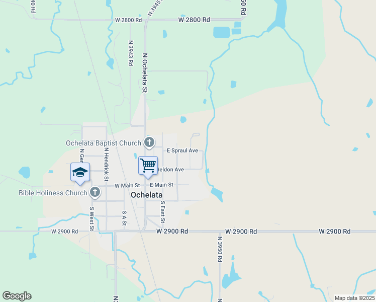 map of restaurants, bars, coffee shops, grocery stores, and more near 2 East Spraul Avenue in Ochelata