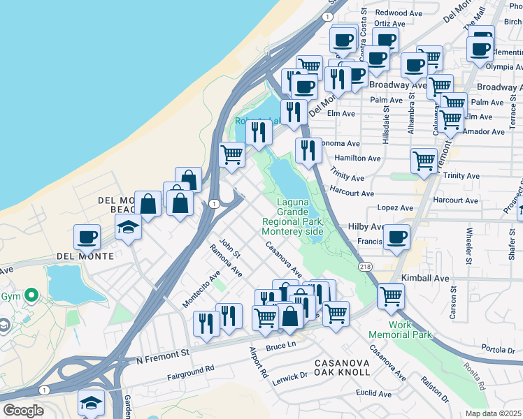 map of restaurants, bars, coffee shops, grocery stores, and more near 351 English Avenue in Monterey