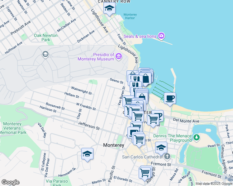 map of restaurants, bars, coffee shops, grocery stores, and more near 235 Larkin Street in Monterey