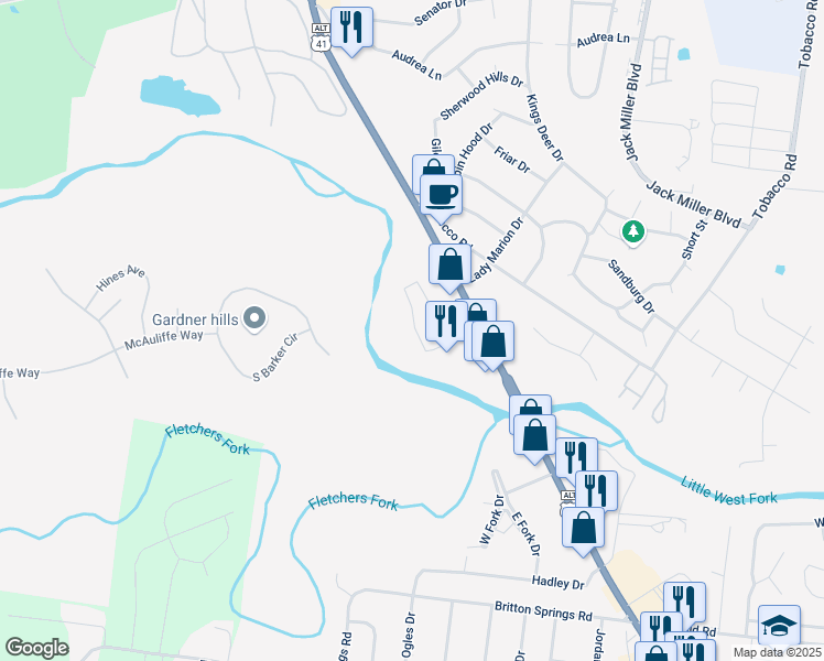 map of restaurants, bars, coffee shops, grocery stores, and more near 2152 Fort Campbell Boulevard in Clarksville