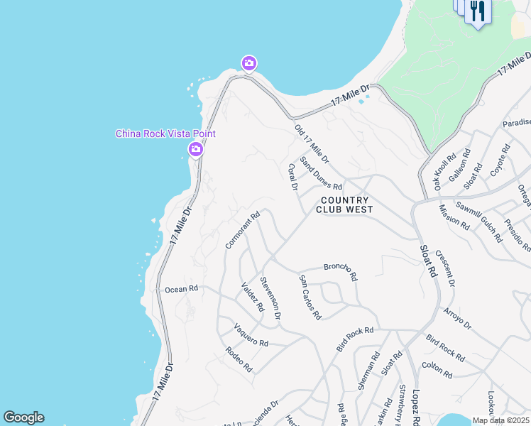 map of restaurants, bars, coffee shops, grocery stores, and more near 2983 Cormorant Road in Del Monte Forest