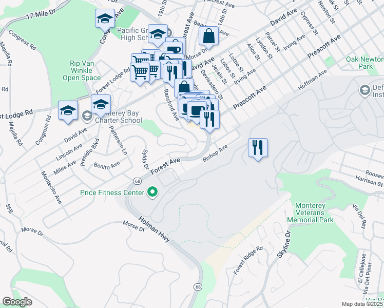 map of restaurants, bars, coffee shops, grocery stores, and more near 2909 Ransford Avenue in Pacific Grove