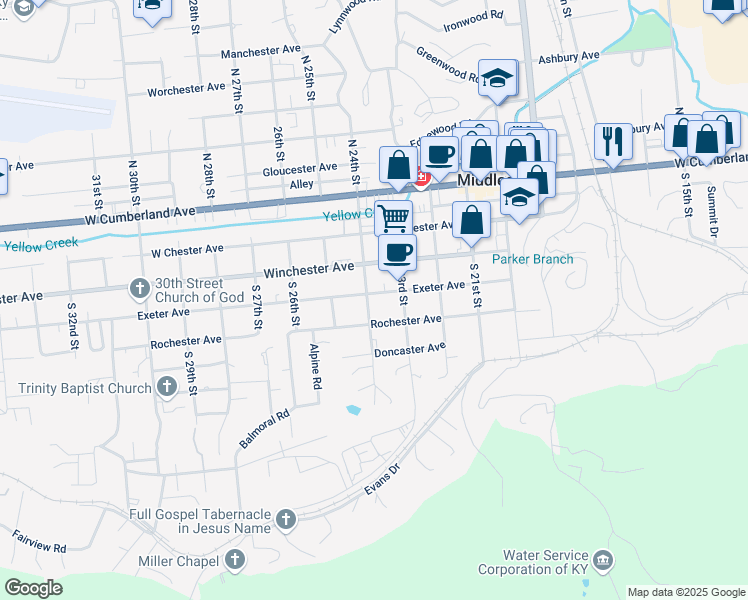 map of restaurants, bars, coffee shops, grocery stores, and more near 415 Exeter Avenue in Middlesboro