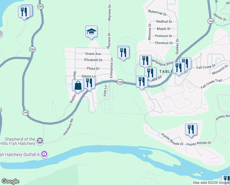 map of restaurants, bars, coffee shops, grocery stores, and more near 138 Hampshire Drive in Branson
