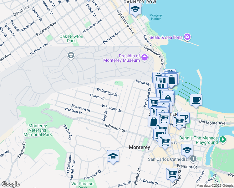map of restaurants, bars, coffee shops, grocery stores, and more near 299 Anita Street in Monterey