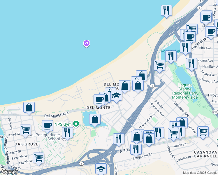 map of restaurants, bars, coffee shops, grocery stores, and more near 133 Dunecrest Avenue in Monterey