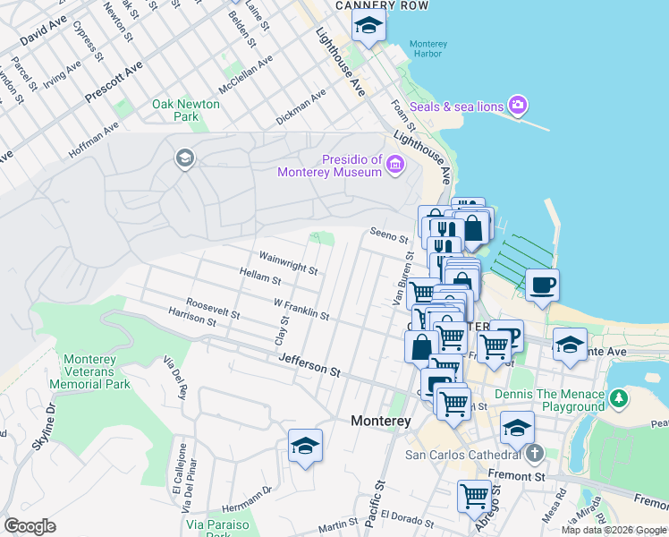 map of restaurants, bars, coffee shops, grocery stores, and more near 298 Monroe Street in Monterey