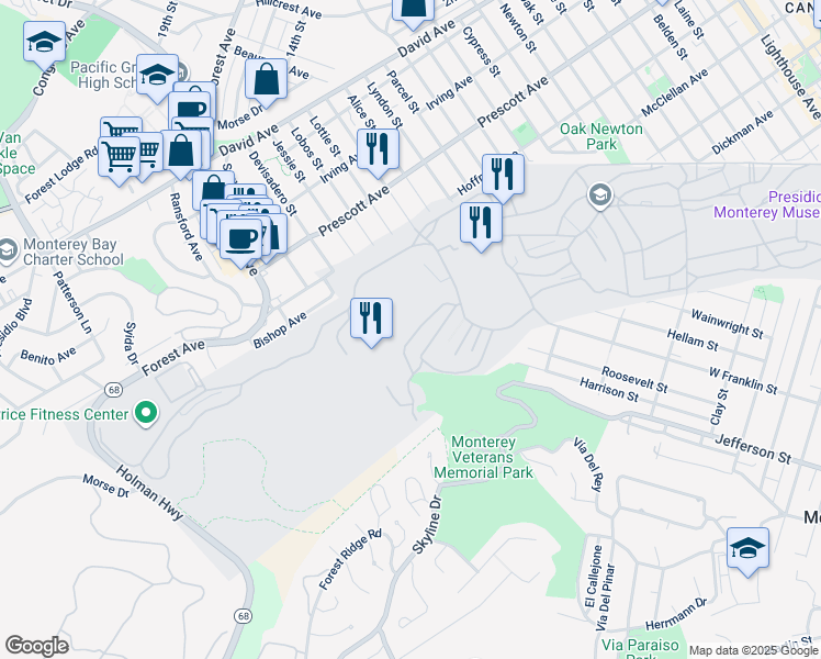 map of restaurants, bars, coffee shops, grocery stores, and more near in Monterey