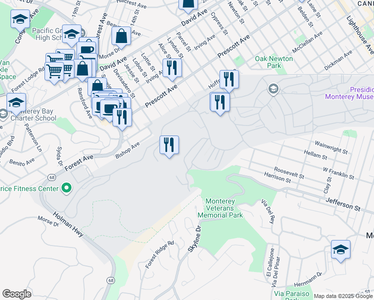 map of restaurants, bars, coffee shops, grocery stores, and more near in PRESIDIO MTRY