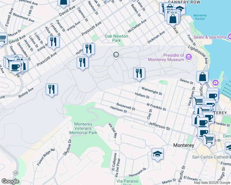 map of restaurants, bars, coffee shops, grocery stores, and more near 1128 West Franklin Street in Monterey