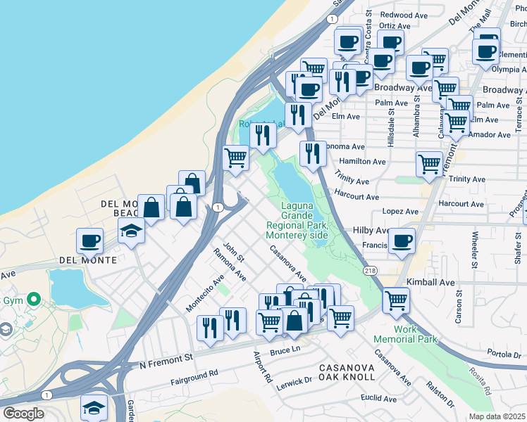 map of restaurants, bars, coffee shops, grocery stores, and more near 351 English Avenue in Monterey