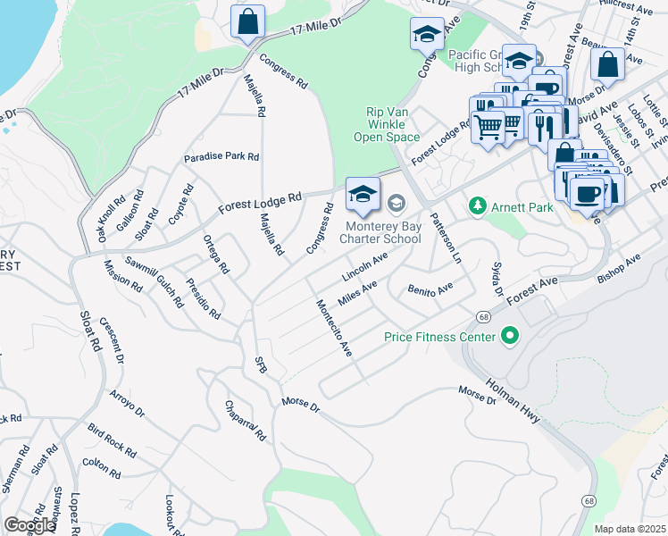 map of restaurants, bars, coffee shops, grocery stores, and more near 1211 David Avenue in Pacific Grove
