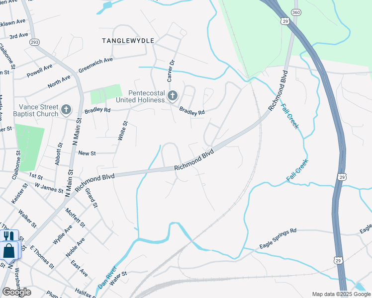 map of restaurants, bars, coffee shops, grocery stores, and more near 425 Lynch Drive in Danville