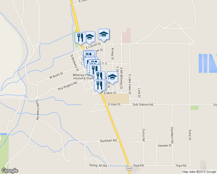 map of restaurants, bars, coffee shops, grocery stores, and more near E Street in Lone Pine