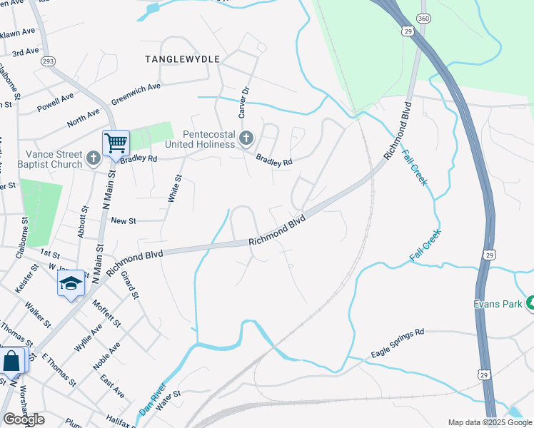 map of restaurants, bars, coffee shops, grocery stores, and more near 425 Lynch Drive in Danville