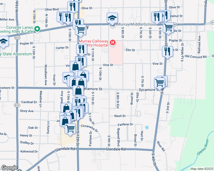 map of restaurants, bars, coffee shops, grocery stores, and more near 910 Sycamore Street in Murray