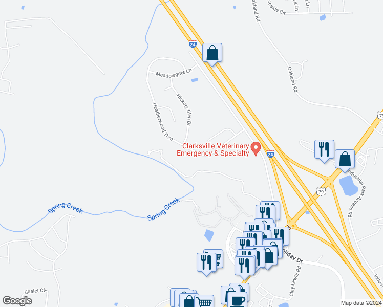 map of restaurants, bars, coffee shops, grocery stores, and more near 3344 Heatherwood Trace in Clarksville