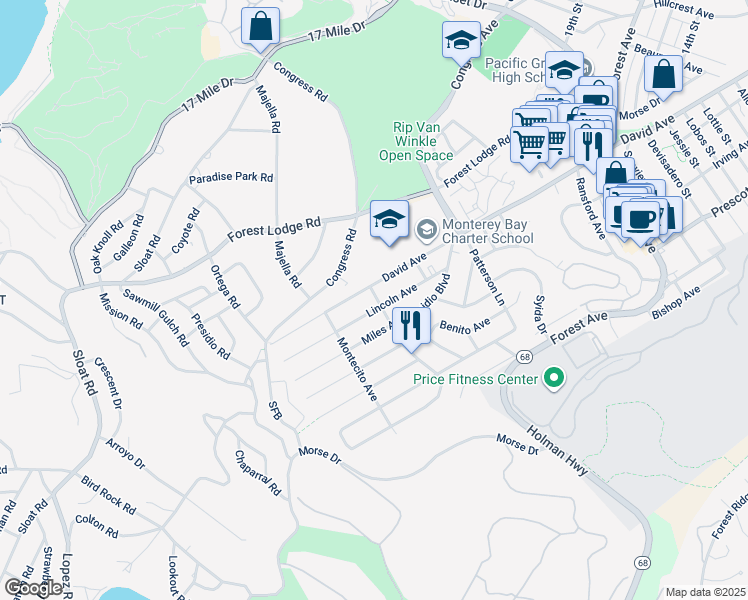 map of restaurants, bars, coffee shops, grocery stores, and more near 1108 Buena Vista Avenue in Pacific Grove