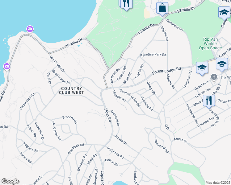 map of restaurants, bars, coffee shops, grocery stores, and more near 1043 Mission Road in Del Monte Forest