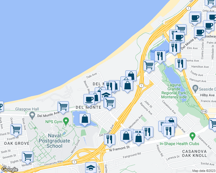 map of restaurants, bars, coffee shops, grocery stores, and more near 200 Dunecrest Avenue in Monterey