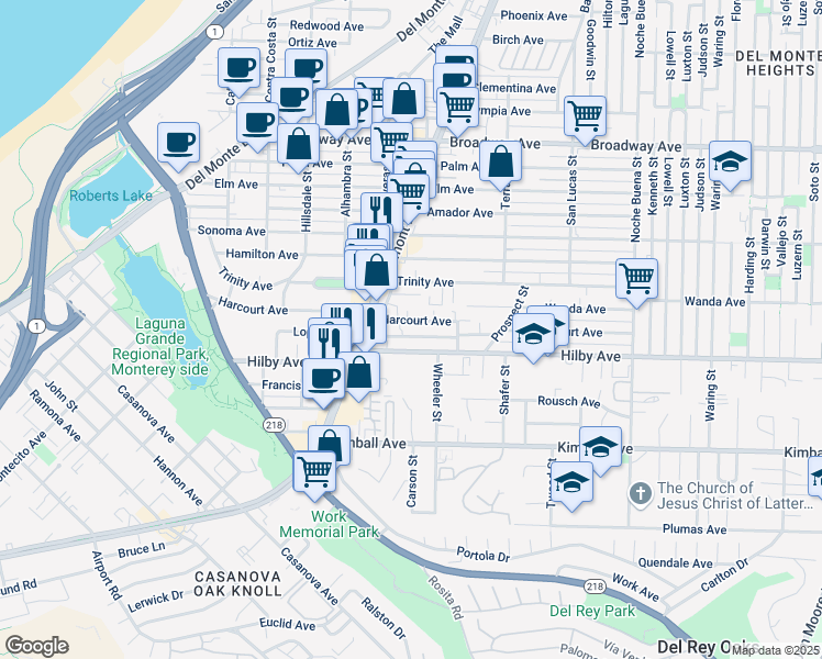 map of restaurants, bars, coffee shops, grocery stores, and more near 942 Harcourt Avenue in Seaside