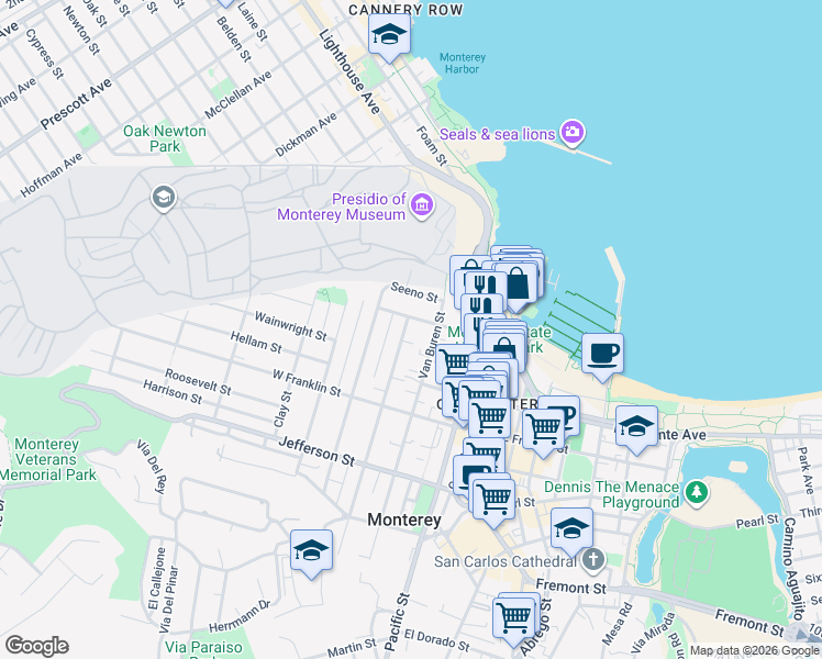 map of restaurants, bars, coffee shops, grocery stores, and more near 235 Larkin Street in Monterey