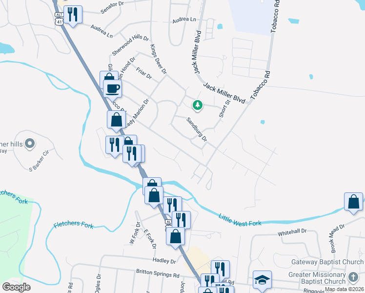 map of restaurants, bars, coffee shops, grocery stores, and more near 240 Tobacco Road in Clarksville