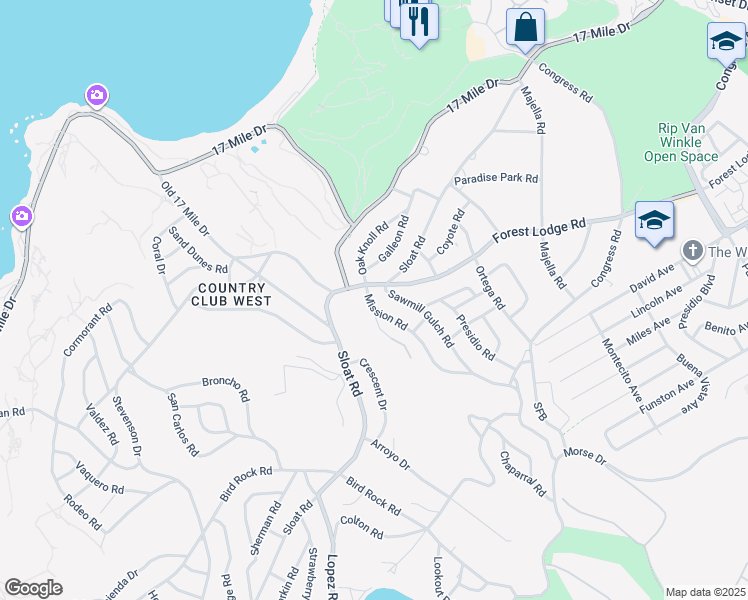 map of restaurants, bars, coffee shops, grocery stores, and more near 1043 Mission Road in Del Monte Forest