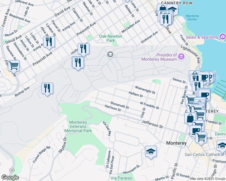 map of restaurants, bars, coffee shops, grocery stores, and more near 372 Cedar Street in Monterey
