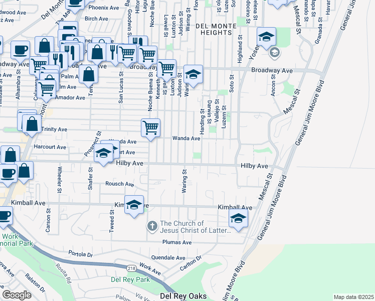 map of restaurants, bars, coffee shops, grocery stores, and more near 1225 Flores Street in Seaside