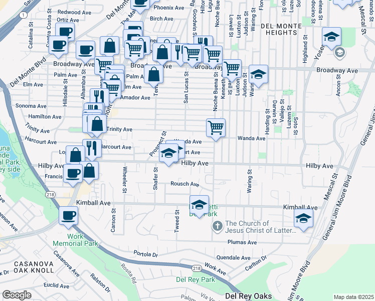 map of restaurants, bars, coffee shops, grocery stores, and more near 1198 Harcourt Avenue in Seaside