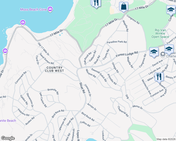 map of restaurants, bars, coffee shops, grocery stores, and more near 1047 Mission Road in Del Monte Forest