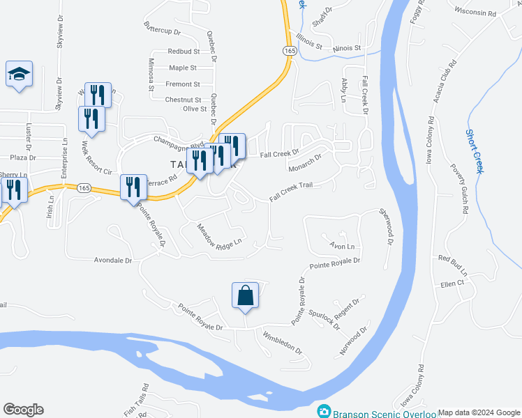 map of restaurants, bars, coffee shops, grocery stores, and more near 10 Scenic Court in Branson