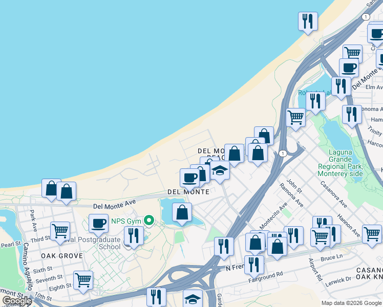 map of restaurants, bars, coffee shops, grocery stores, and more near 100 Spray Avenue in Monterey