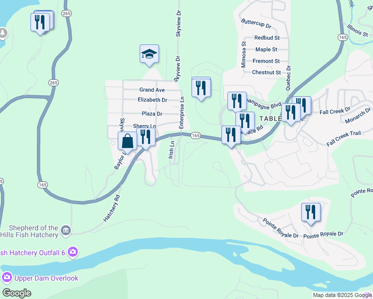 map of restaurants, bars, coffee shops, grocery stores, and more near 189 Avondale Drive in Branson