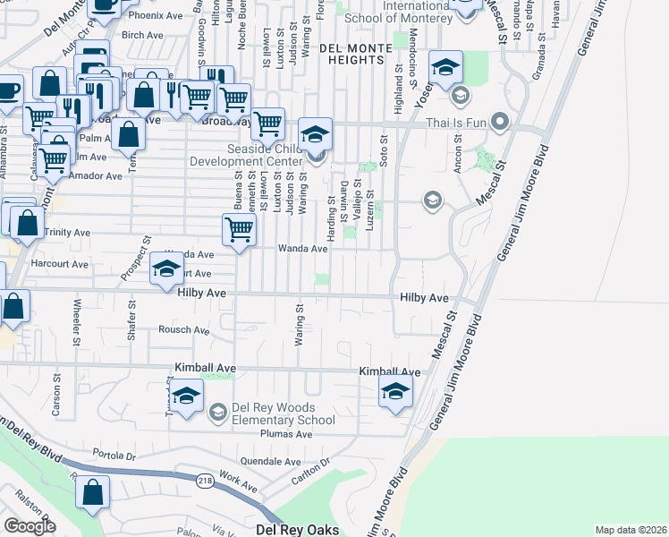 map of restaurants, bars, coffee shops, grocery stores, and more near 1229 Darwin Street in Seaside