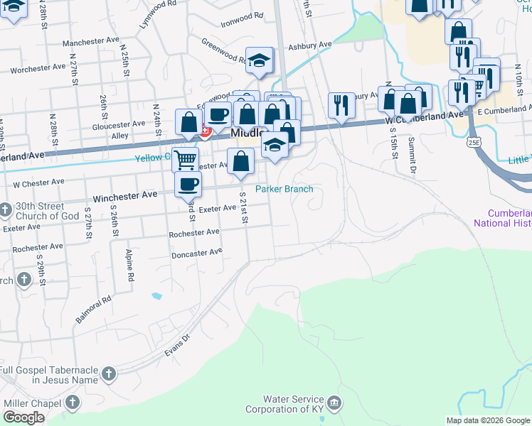 map of restaurants, bars, coffee shops, grocery stores, and more near 400-428 State Highway 2403 in Middlesboro