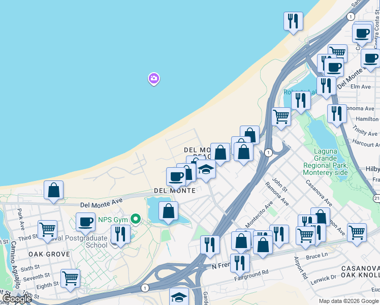 map of restaurants, bars, coffee shops, grocery stores, and more near 128 Spray Avenue in Monterey