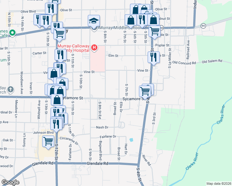 map of restaurants, bars, coffee shops, grocery stores, and more near 501-599 Broad St in Murray