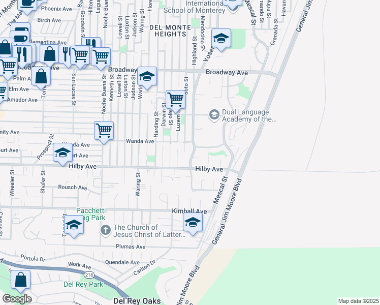 map of restaurants, bars, coffee shops, grocery stores, and more near 1255 Yosemite Street in Seaside