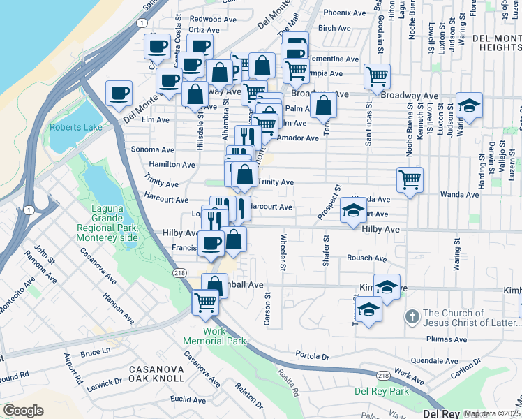 map of restaurants, bars, coffee shops, grocery stores, and more near 942 Harcourt Avenue in Seaside