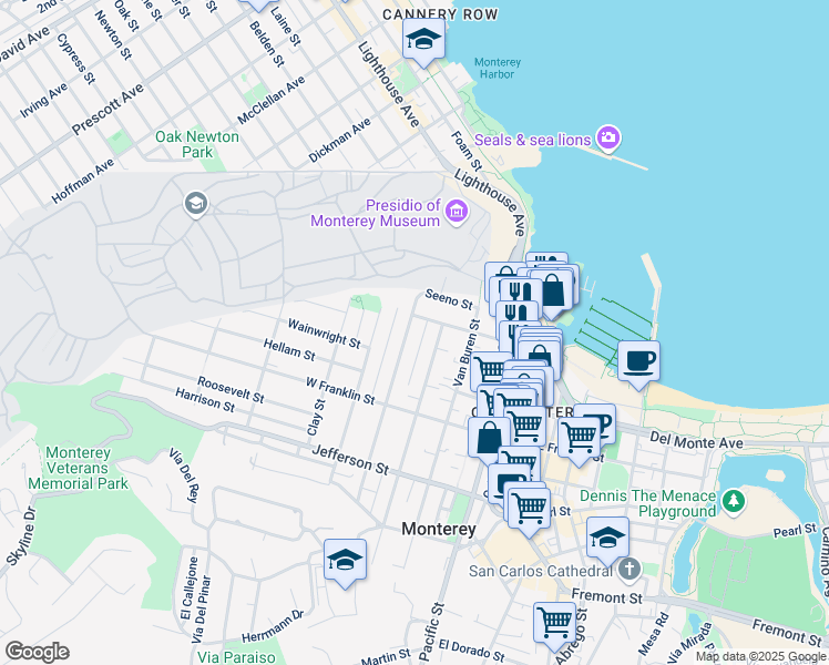 map of restaurants, bars, coffee shops, grocery stores, and more near 263 Watson Street in Monterey