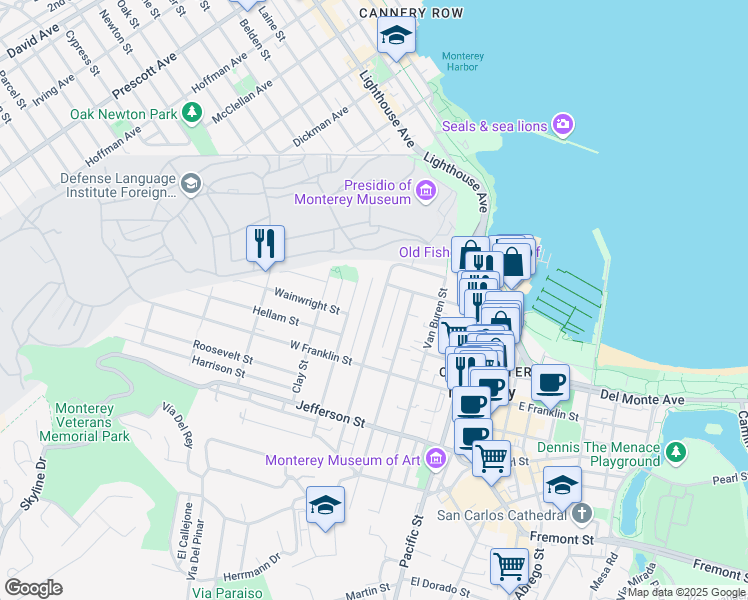map of restaurants, bars, coffee shops, grocery stores, and more near 263 Watson Street in Monterey