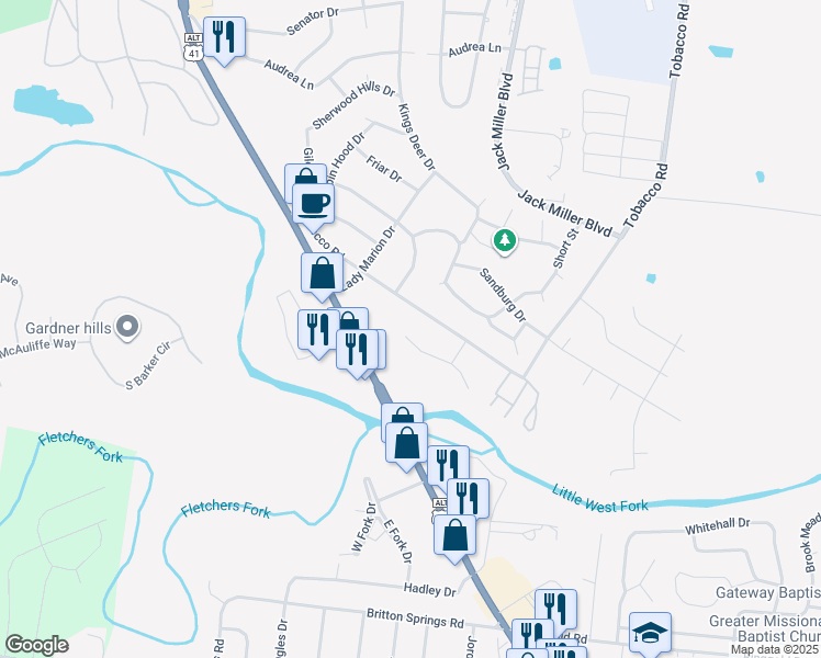 map of restaurants, bars, coffee shops, grocery stores, and more near 203 Creekside Drive in Clarksville