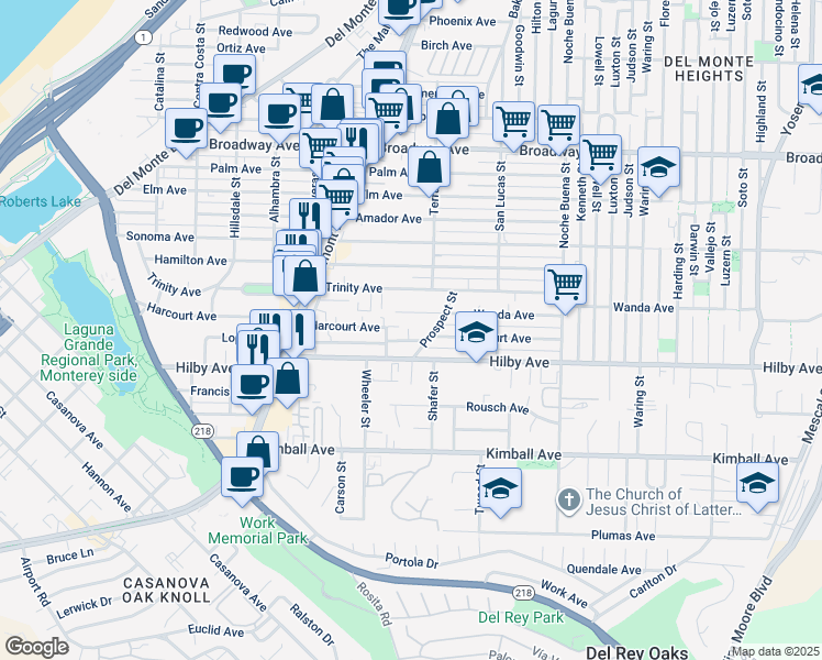 map of restaurants, bars, coffee shops, grocery stores, and more near 1067 Harcourt Avenue in Seaside
