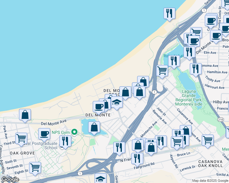 map of restaurants, bars, coffee shops, grocery stores, and more near 147 Dunecrest Avenue in Monterey
