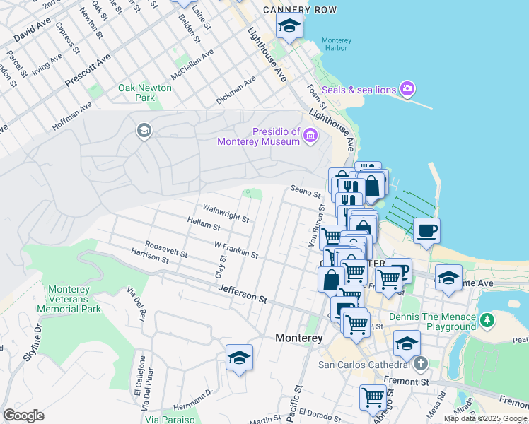 map of restaurants, bars, coffee shops, grocery stores, and more near 263 Monroe Street in Monterey