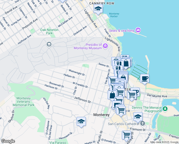 map of restaurants, bars, coffee shops, grocery stores, and more near 298 Monroe Street in Monterey