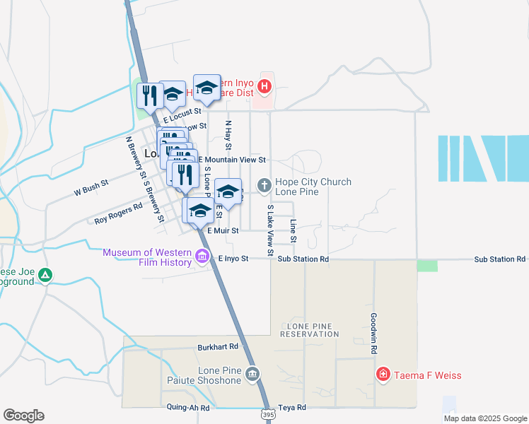 map of restaurants, bars, coffee shops, grocery stores, and more near 420-424 S Lake View St in Lone Pine